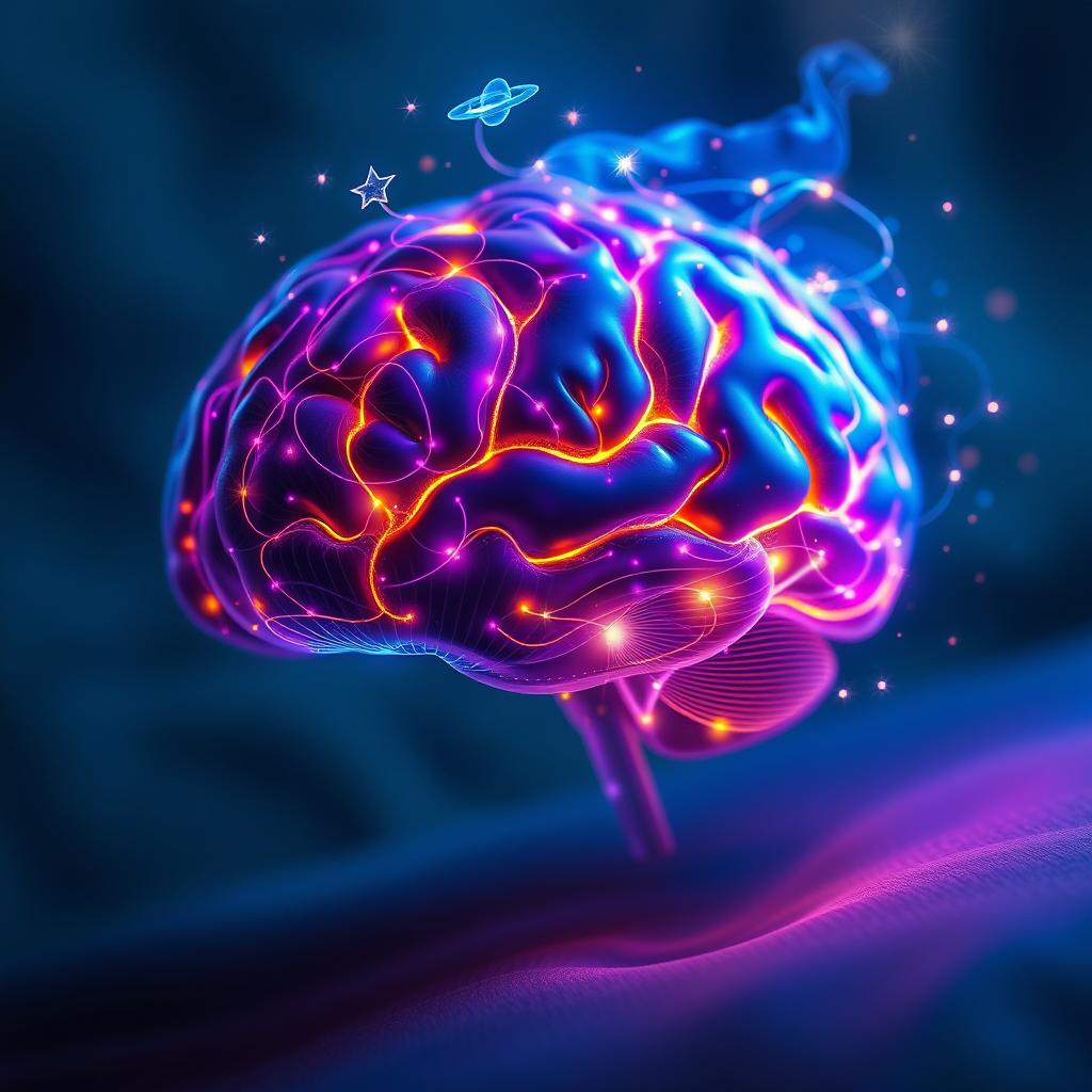 A mesmerizing visual representation of an active brain during sleep, showcasing a vibrant array of colorful lights and spark effects emanating from the brain