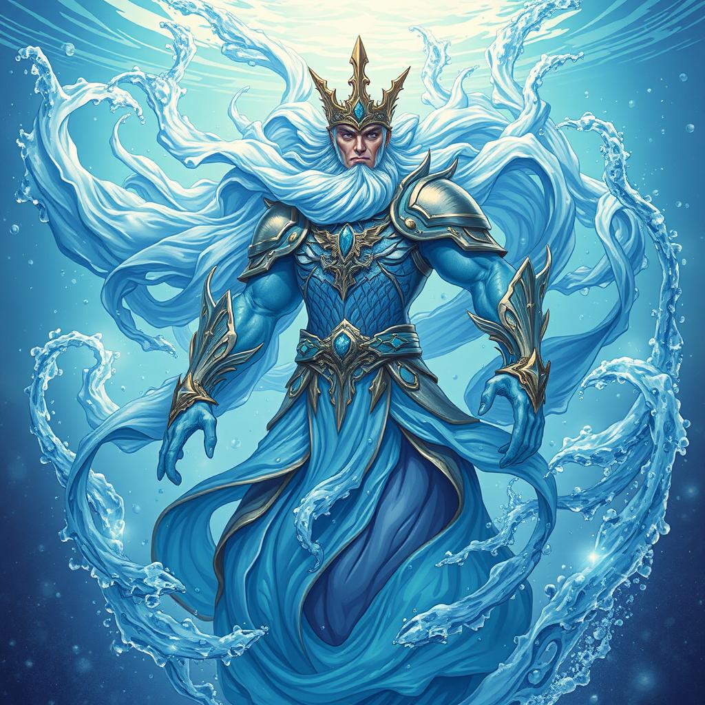 An illustration of a majestic water elemental prince, his body primarily comprised of swirling, shimmering water