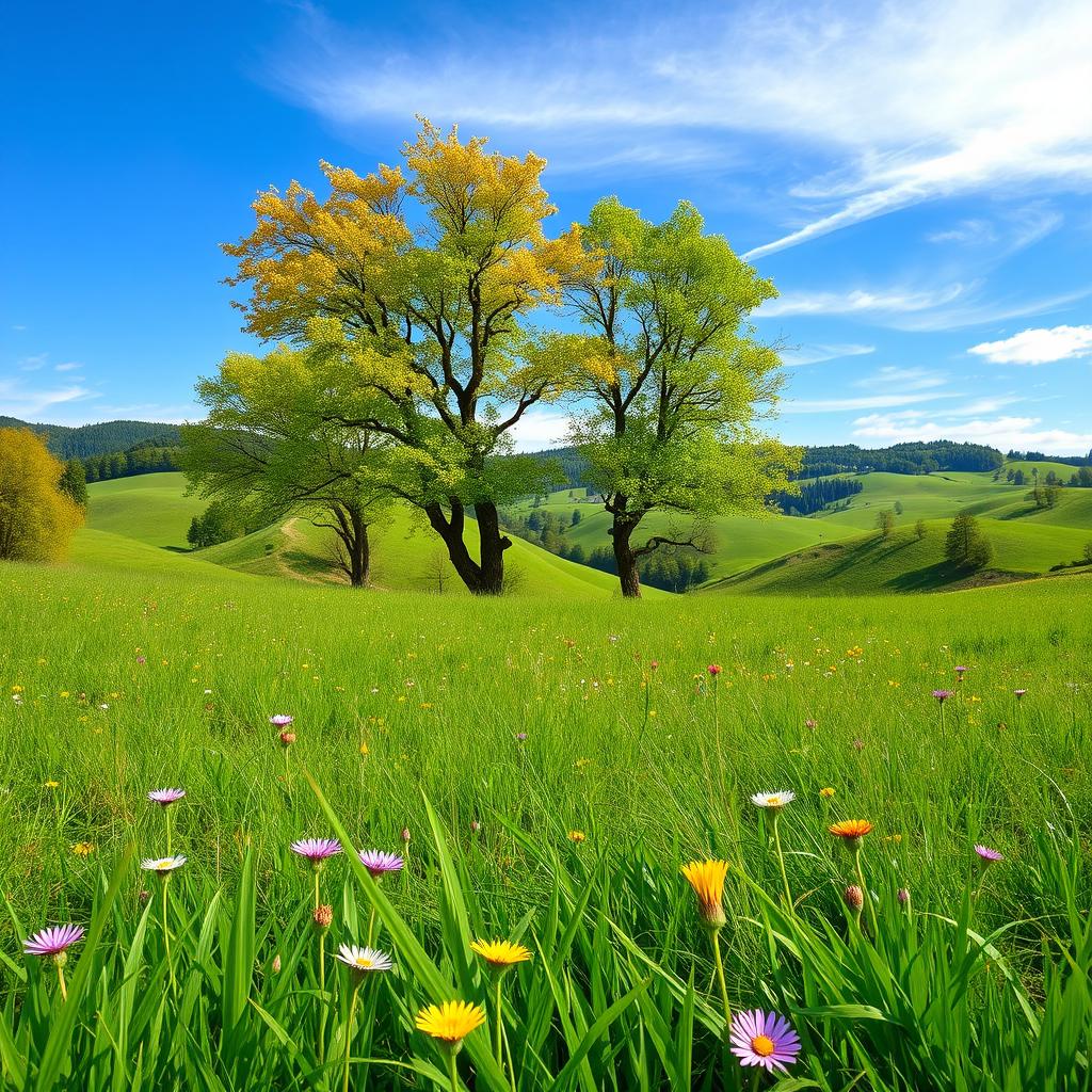 A beautiful outdoor scene featuring a vibrant landscape background with rolling hills, trees, and a clear blue sky