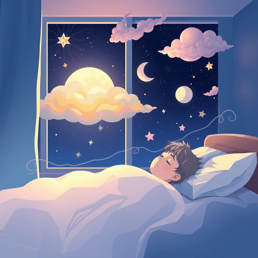 A surreal illustration depicting REM sleep, featuring a person lying peacefully in bed with their eyes closed, surrounded by floating dream elements like stars, moons, and colorful clouds