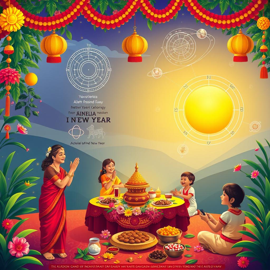 A vibrant and colorful representation of the Sinhala Hindu Aluth Awurudda (New Year) celebration, showcasing traditional decorations and festivities