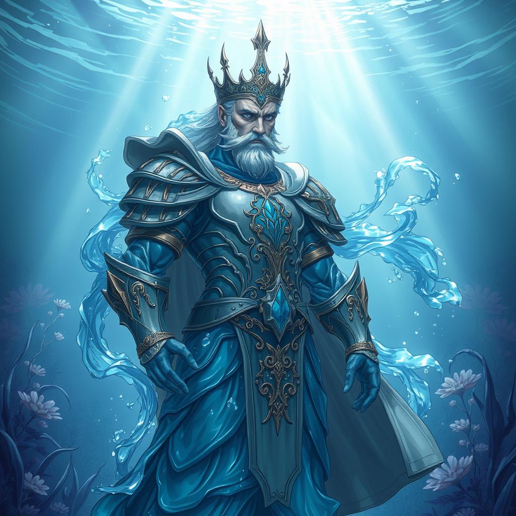 An illustration of a regal water elemental prince, his form entirely made of crystal-clear, flowing water that glimmers in various shades of blue and turquoise