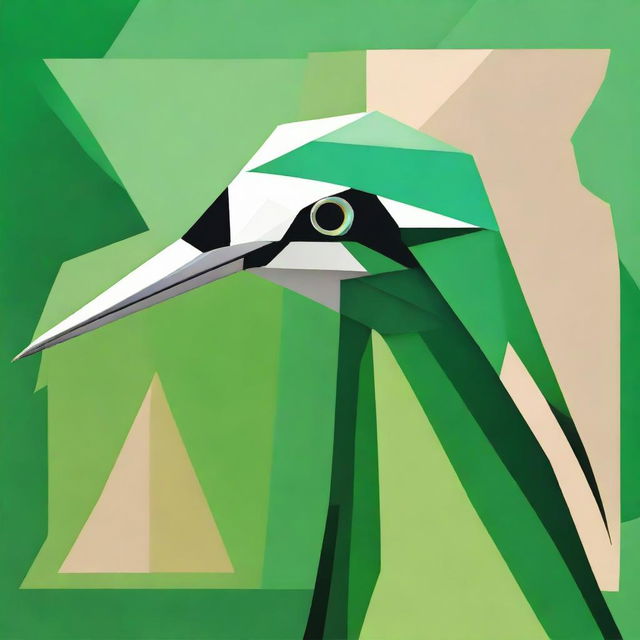 Craft a close-up depiction of a green crane's head using geometric shapes, preserving the elegance and grace of the bird in an abstract manner.