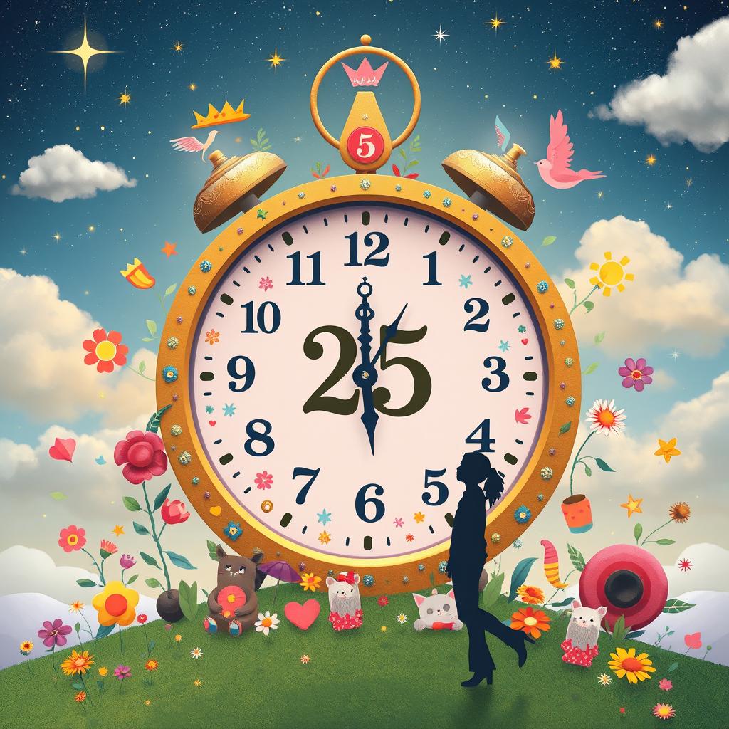 An imaginative scene depicting a whimsical clock that has stopped at the age of 25