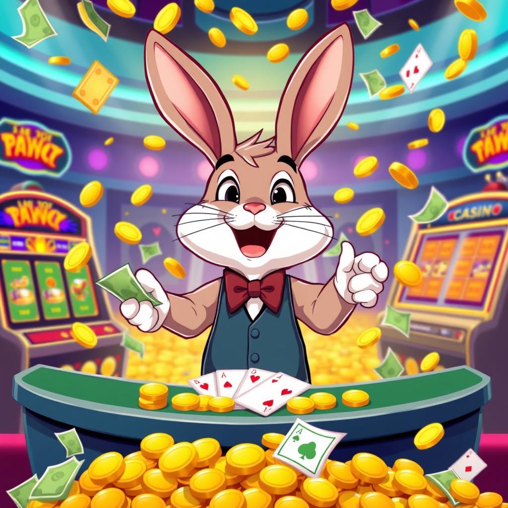 A cartoon scene depicting a jubilant winner of a casino bet, joyfully celebrating with a heap of gold coins and cash falling around them