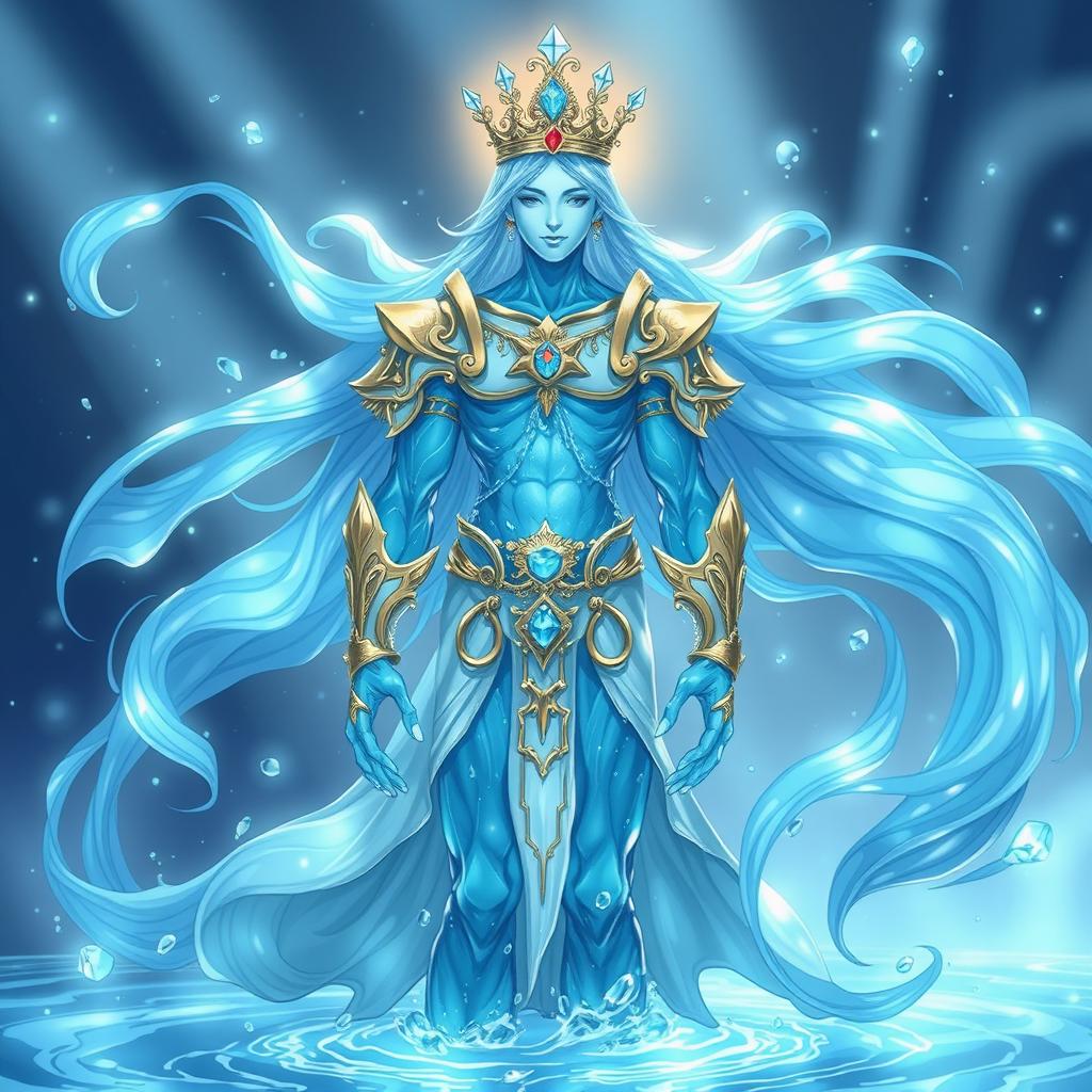 An illustration of a human figure composed entirely of flowing, ethereal water, standing proudly and elegantly