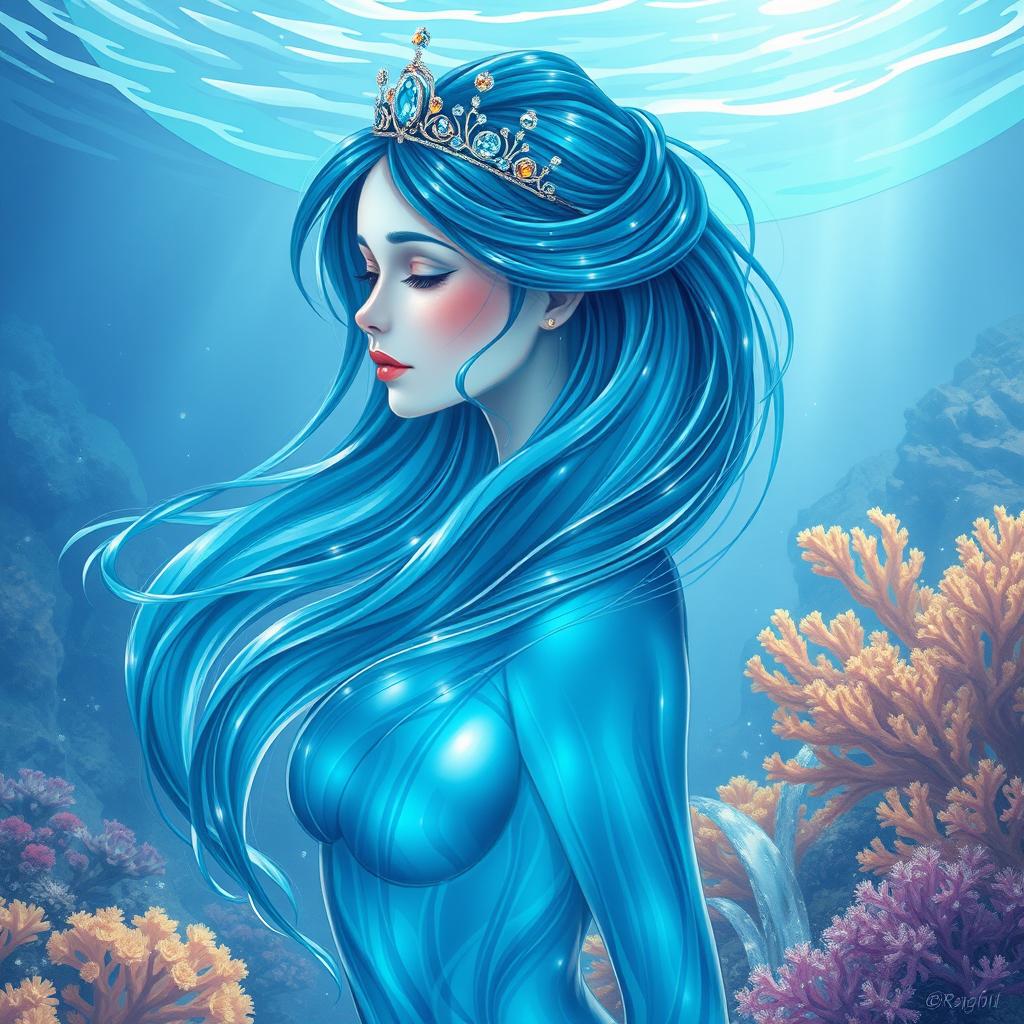An enchanting illustration of a beautiful woman entirely made of flowing, translucent water, her form gracefully shaped and shimmering with shades of blue and aqua