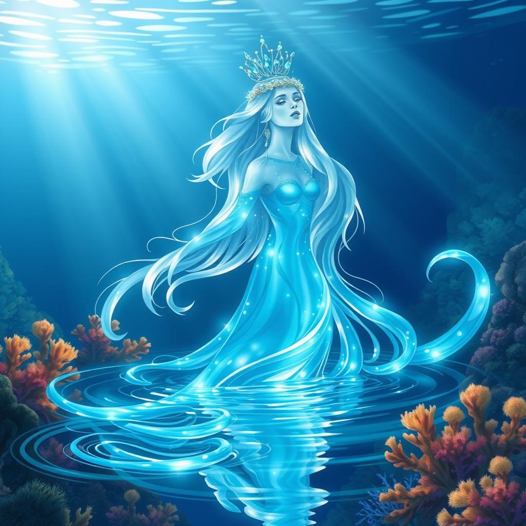 An enchanting illustration of a woman entirely made of luminous, flowing water, her form gracefully crafted with ripples and reflections that shimmer in gradients of blue and turquoise