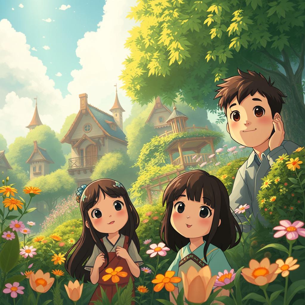 A beautiful scene illustrated in the whimsical style of Studio Ghibli, featuring richly detailed characters with expressive faces