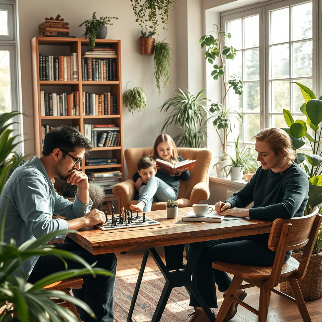 A serene scene depicting a diverse group of people engaged in various mental activities