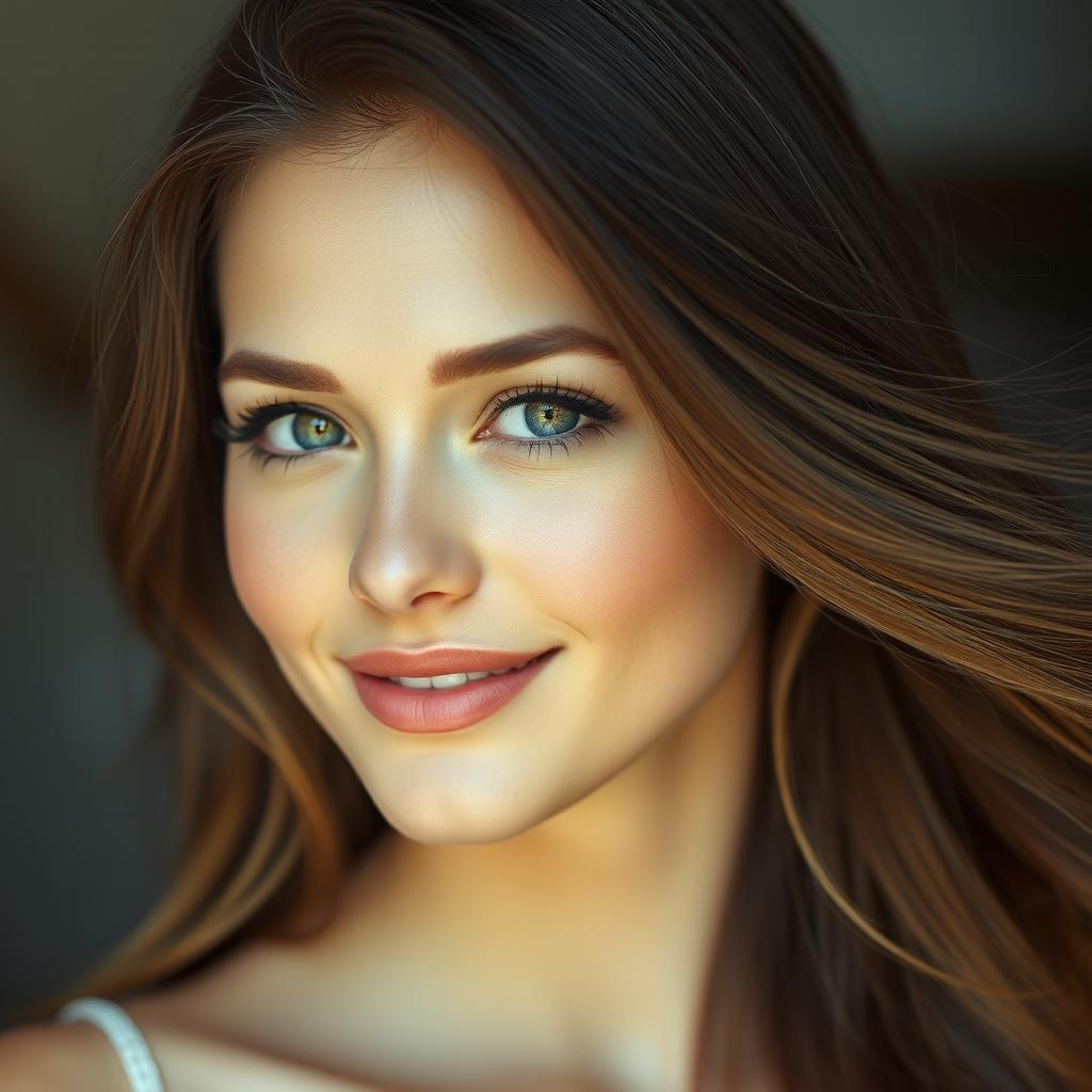 A portrait of a woman with rare beauty, featuring striking facial features, sparkling bright eyes, and flowing hair that cascades elegantly down her shoulders