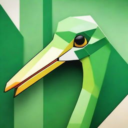 Craft a close-up depiction of a green crane's head using geometric shapes, preserving the elegance and grace of the bird in an abstract manner.