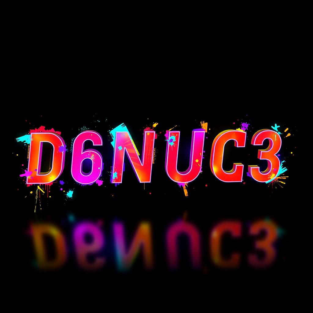 The text 'D6NUC3' displayed in a vibrant, modern, and artistic font, glowing with neon colors against a dark background