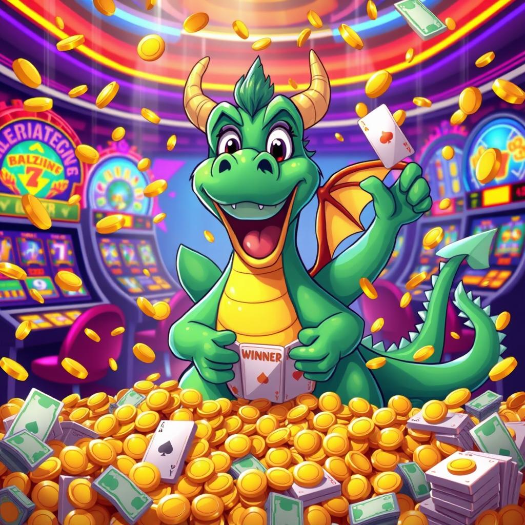 A vibrant cartoon scene featuring a triumphant winner of a casino bet, ecstatically celebrating as heaps of gold coins and cash rain down around them