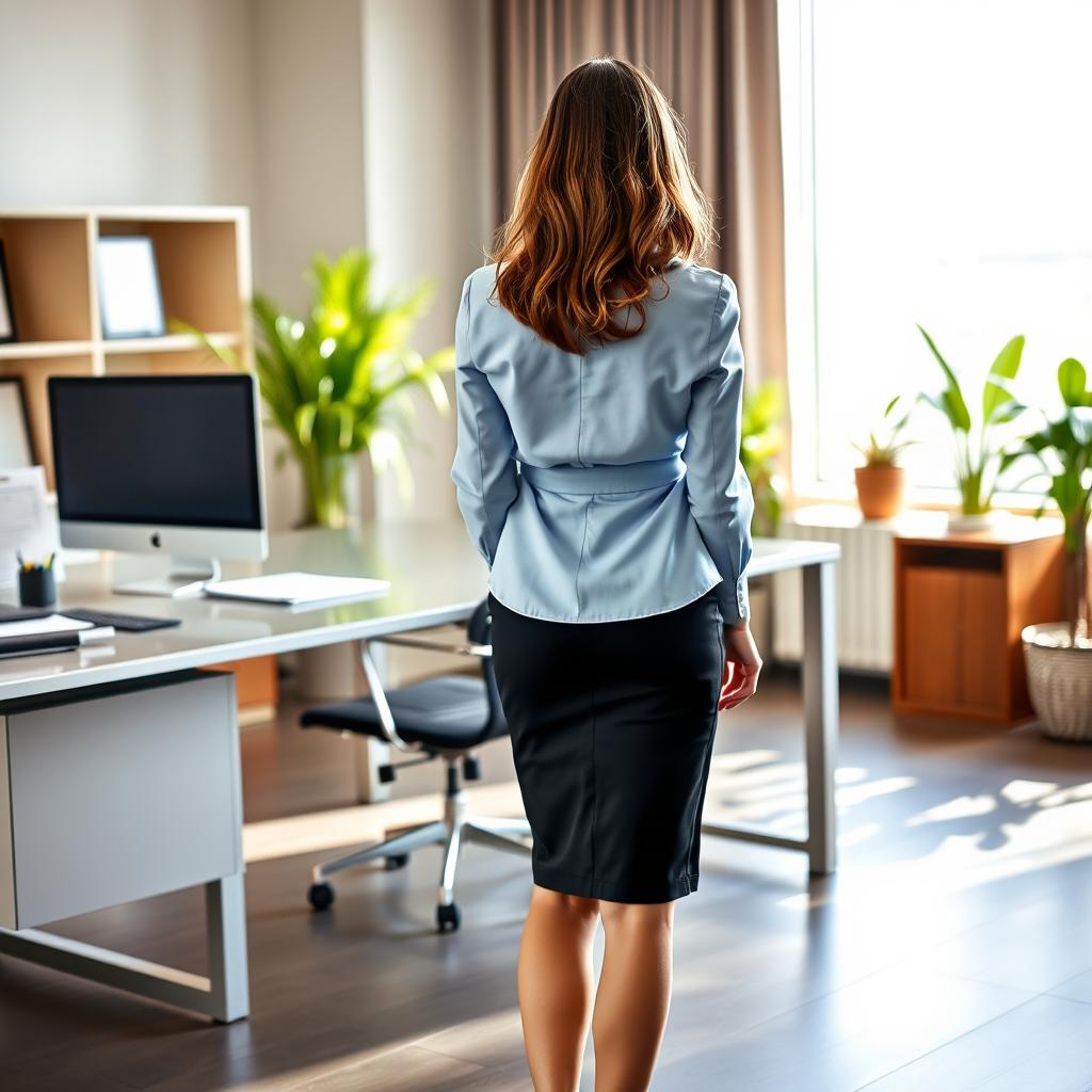 A stylish office scene featuring a female secretary viewed from the rear