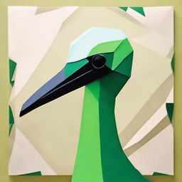 Craft a close-up depiction of a green crane's head using geometric shapes, preserving the elegance and grace of the bird in an abstract manner.