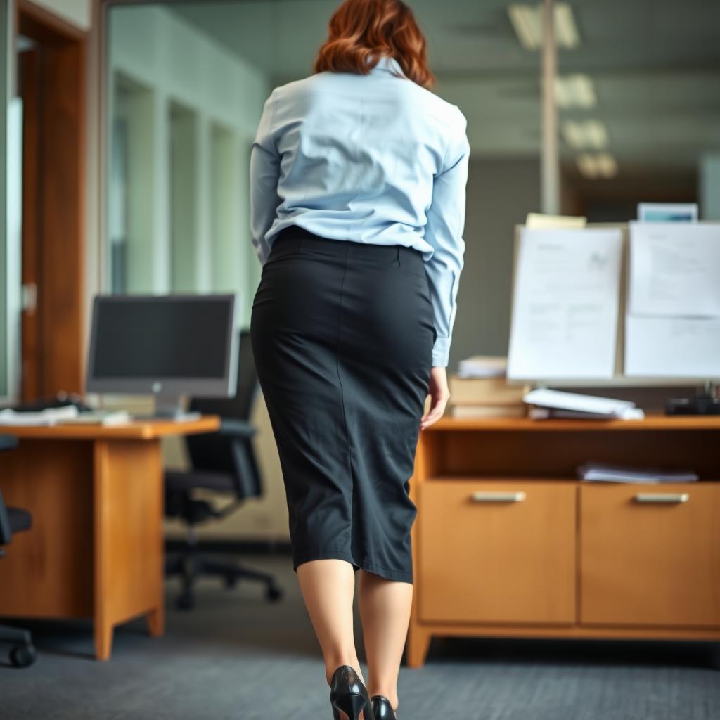 A secretary in an office setting, captured from a rear view