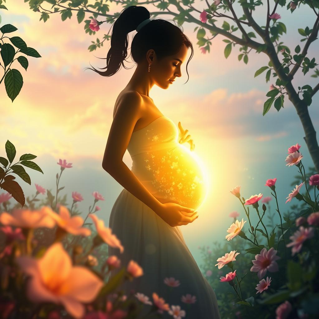 A vibrant, fantastical scene depicting a glowing, ethereal figure symbolizing pregnancy, surrounded by lush greenery and blooming flowers, with soft, warm lighting that gives a sense of hope and blossoming life