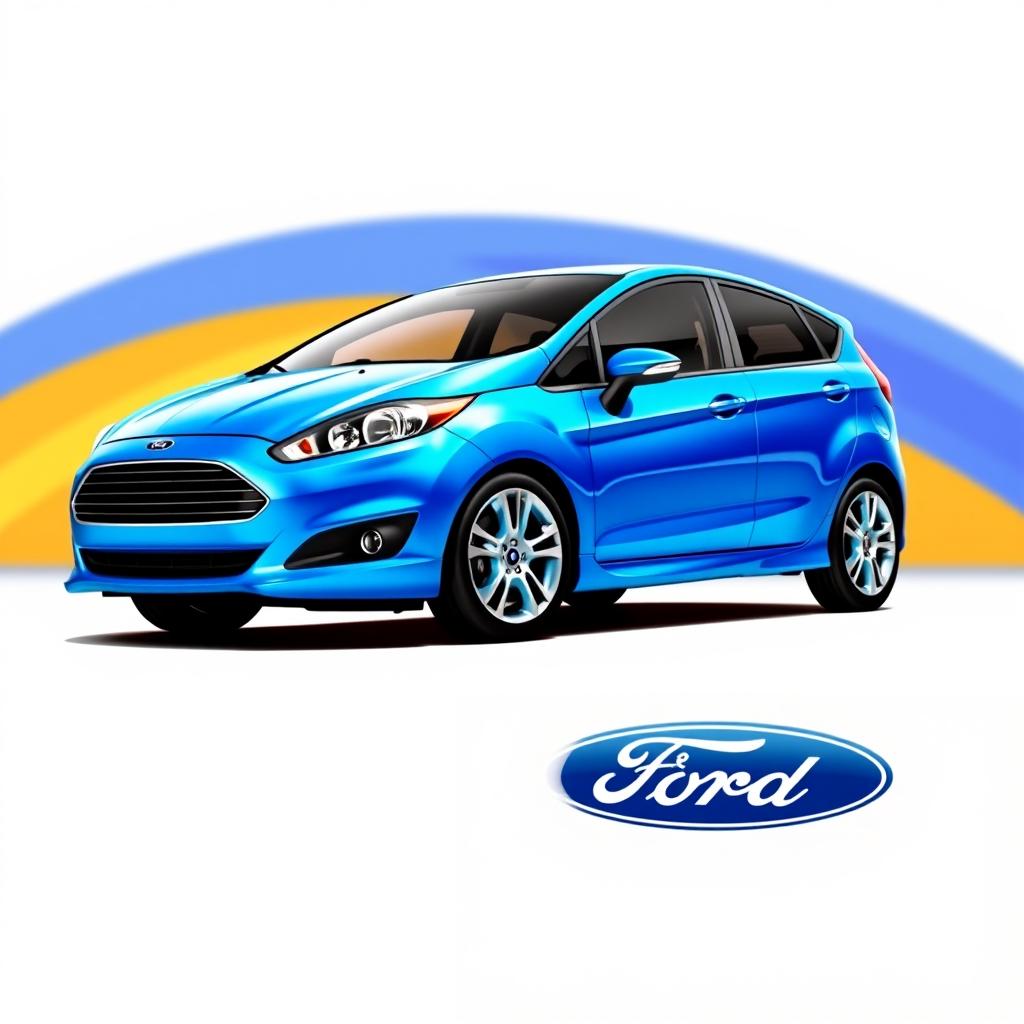 A vibrant scene featuring a sleek 2015 Ford Fiesta, painted in a color that matches the logo's blue hue