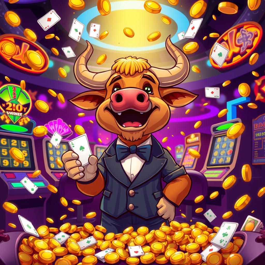 A lively cartoon scene showcasing a triumphant winner of a casino bet, joyfully surrounded by a shower of gold coins and money falling from above
