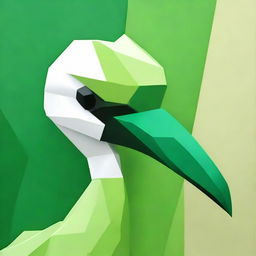 Craft a close-up depiction of a green crane's head using geometric shapes, preserving the elegance and grace of the bird in an abstract manner.