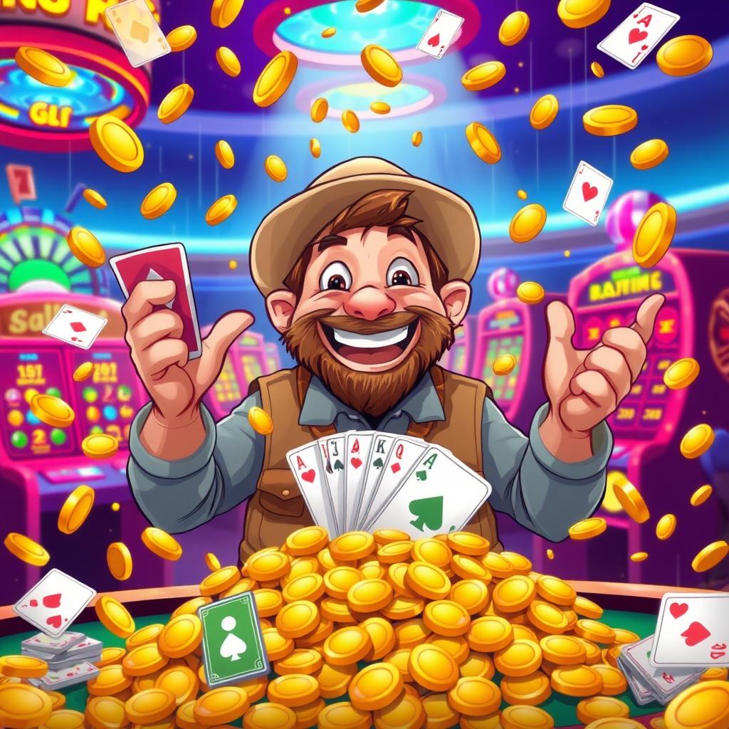 A vibrant cartoon scene portraying a thrilled winner of a casino bet, celebrating as a cascade of gold coins and cash rains down around them