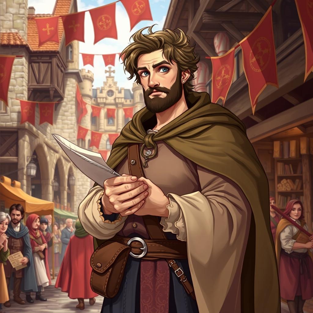 An imaginative illustration of a medieval reporter, dressed in period-appropriate attire featuring a tunic and a cloak with intricate patterns