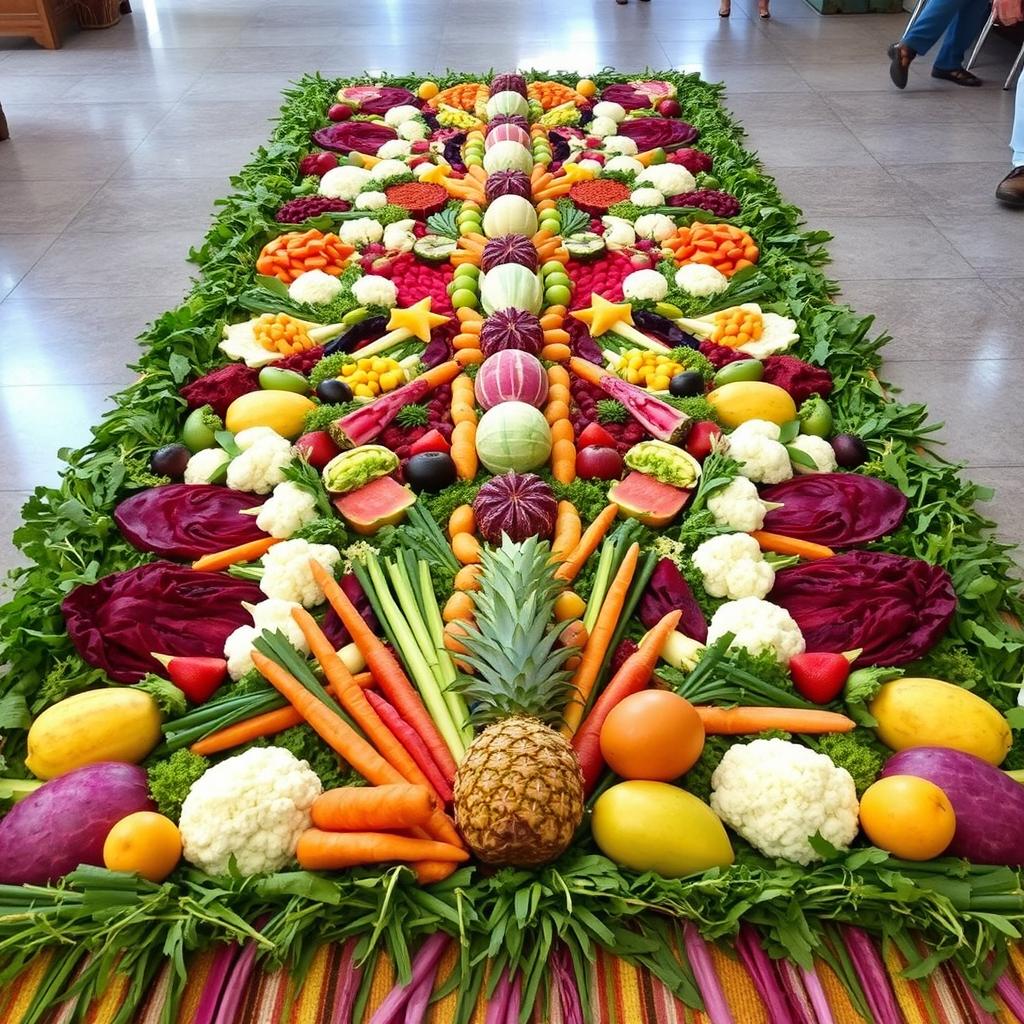 A vibrant and colorful Easter carpet (alfombra de Semana Santa) created in the traditional Guatemalan style, measuring 60 centimeters wide and 14 meters long