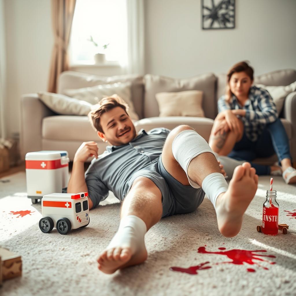 A playful scene depicting a light-hearted prank where an adult is pretending to be injured in a humorous way
