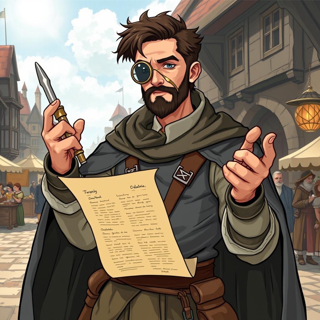 A captivating illustration of a medieval reporter, dressed in period attire featuring a stylish tunic and a flowing cape