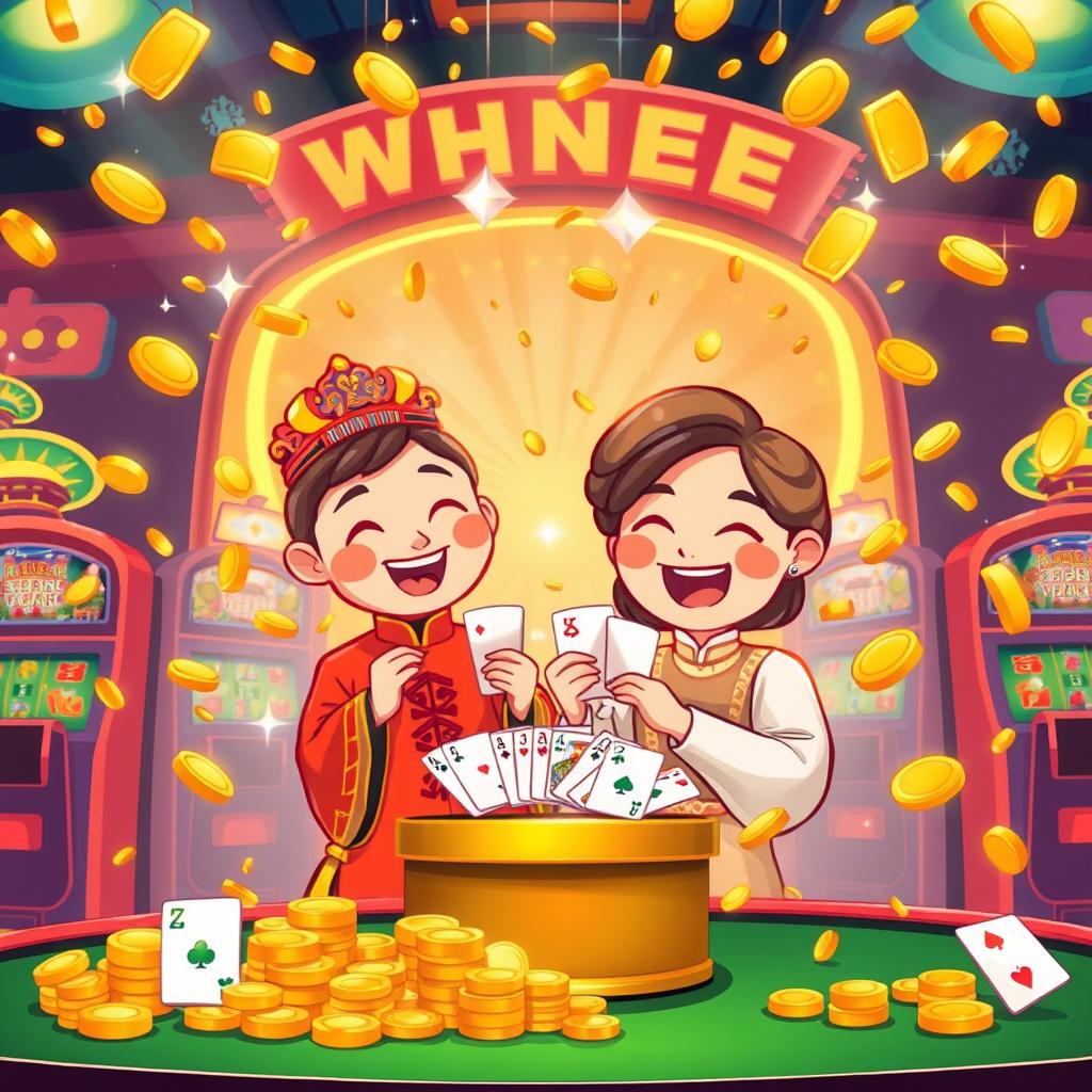 A cheerful cartoon scene depicting a delighted winner of a casino bet, celebrating amidst a shower of gold coins and cash falling from above