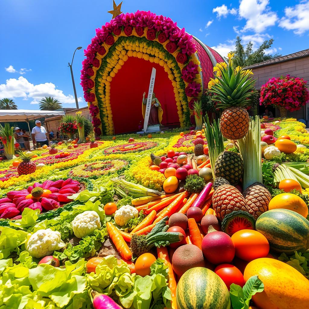 A vibrant and colorful Easter carpet made for Semana Santa in Guatemala, intricately designed using fresh vegetables including cabbage, lettuce, cauliflower, beets, carrots, celery, watermelon, pineapple, melon, papaya, and mango