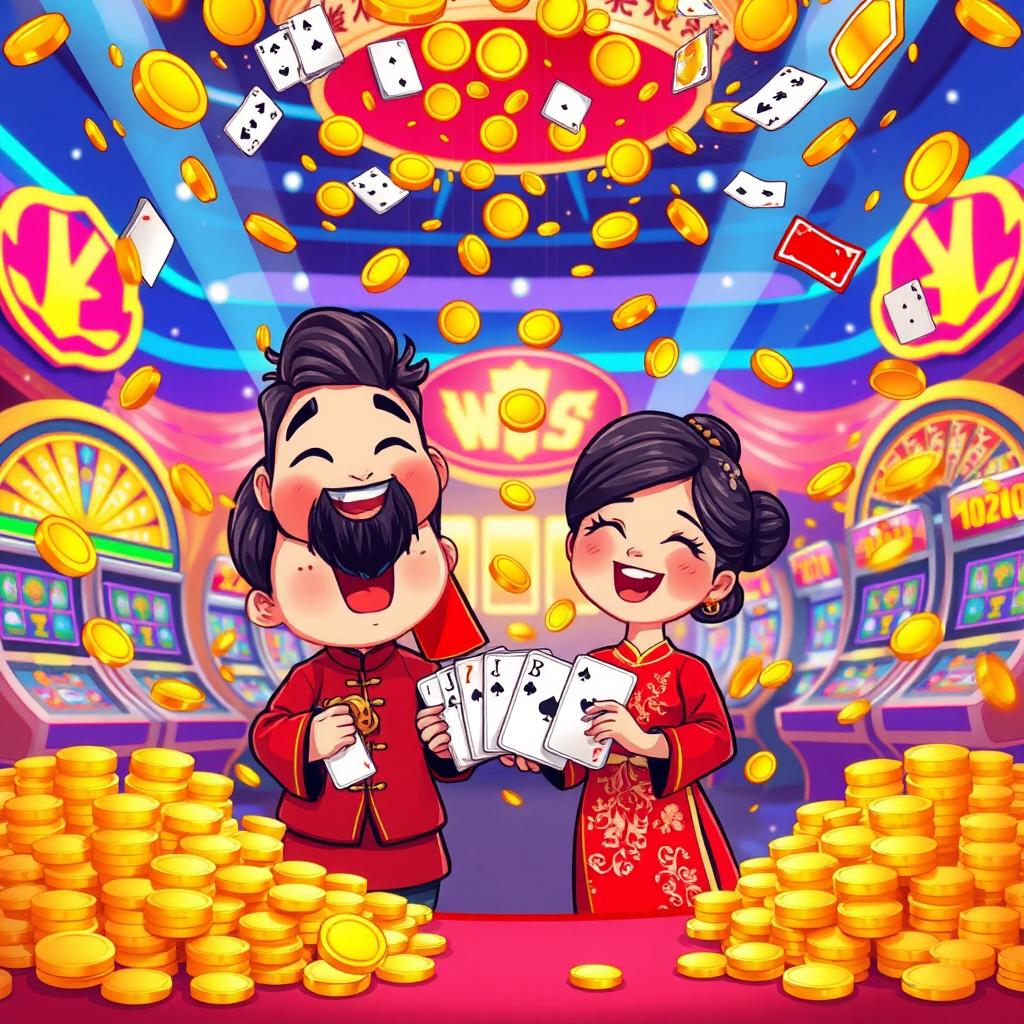 A joyful cartoon scene depicting a triumphant winner of a casino bet, celebrating amidst a dazzling shower of gold coins and bills cascading from above