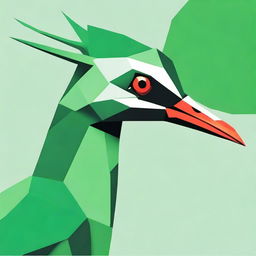 Create an intense side view of a green crane's head drawn using geometric shapes, portraying it as fierce and ready for a fight.