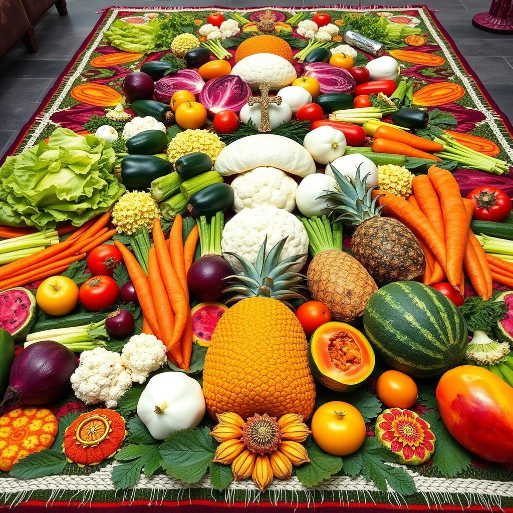 An elaborately designed Holy Week carpet from Guatemala, measuring 50 centimeters in width and 18 meters in length, showcasing an intricate composition of vibrant vegetables and fruits