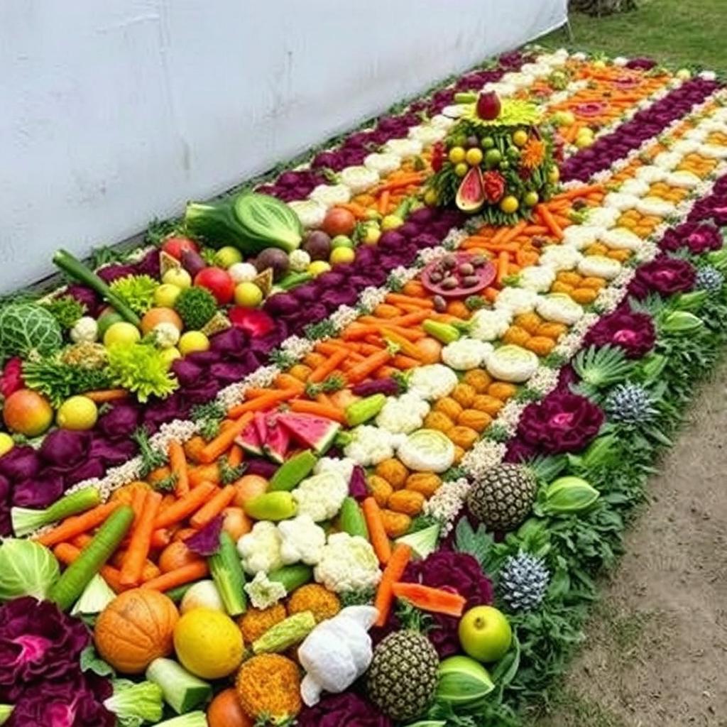 A vibrant and intricate Easter carpet from Guatemala, beautifully crafted with a variety of vegetables and fruits