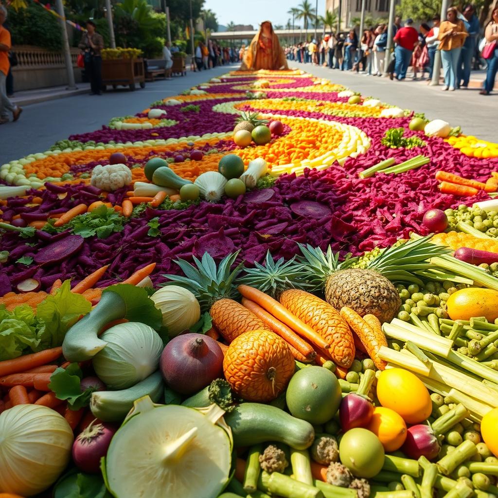 A vibrant and colorful Semana Santa carpet in Guatemala, made entirely of fresh vegetables including cabbage, lettuce, cauliflower, beetroot, carrots, celery, watermelon, pineapple, melon, papaya, and mango