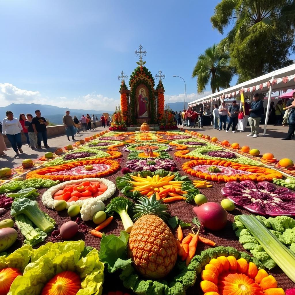 A beautiful Semana Santa (Holy Week) carpet made in Guatemala, showcasing vibrant and colorful designs created with fresh vegetables such as cabbage, lettuce, cauliflower, beetroot, carrots, celery, watermelon, pineapple, melon, papaya, and mango