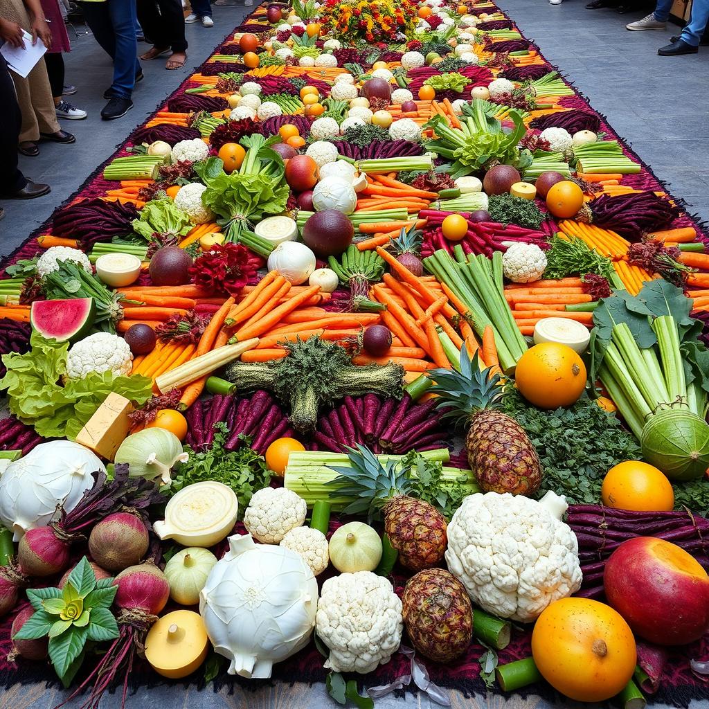 An intricate Semana Santa carpet made of colorful vegetables, featuring cabbage, lettuce, cauliflower, beetroot, carrots, celery, watermelon, pineapple, melon, papaya, and mango