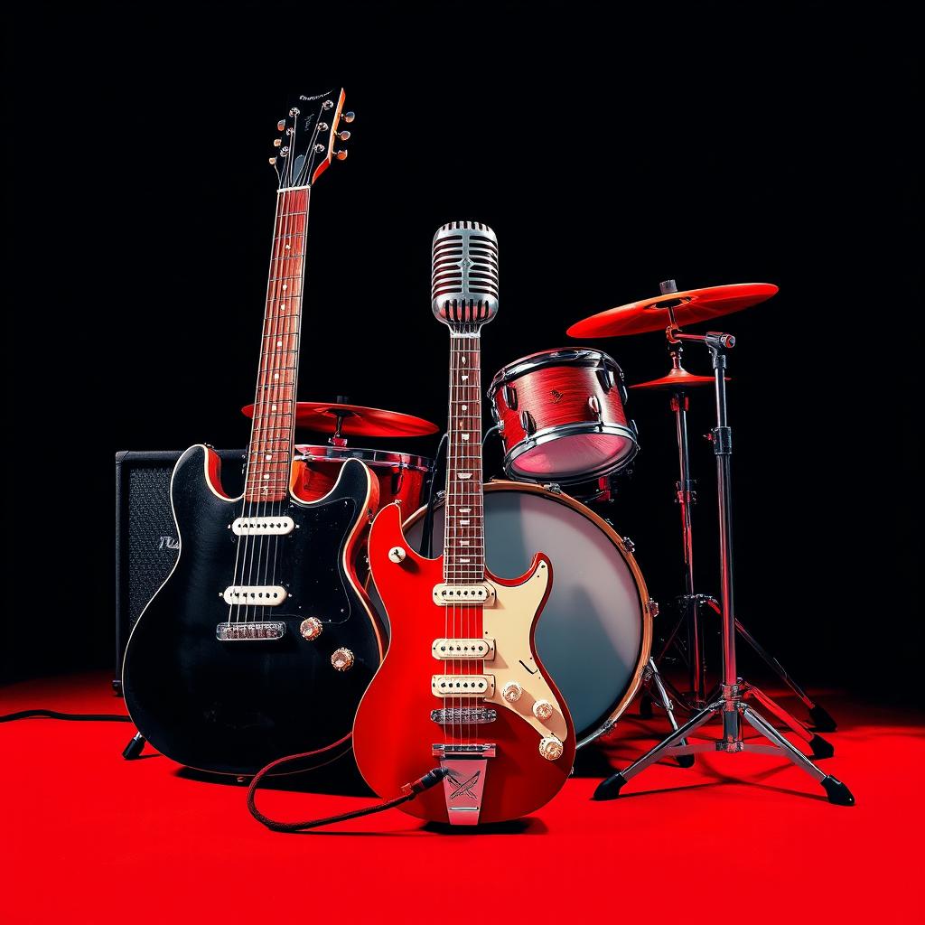 An artistic representation of a guitar, a drum set, and a microphone, arranged dynamically to create a vibrant and energetic scene