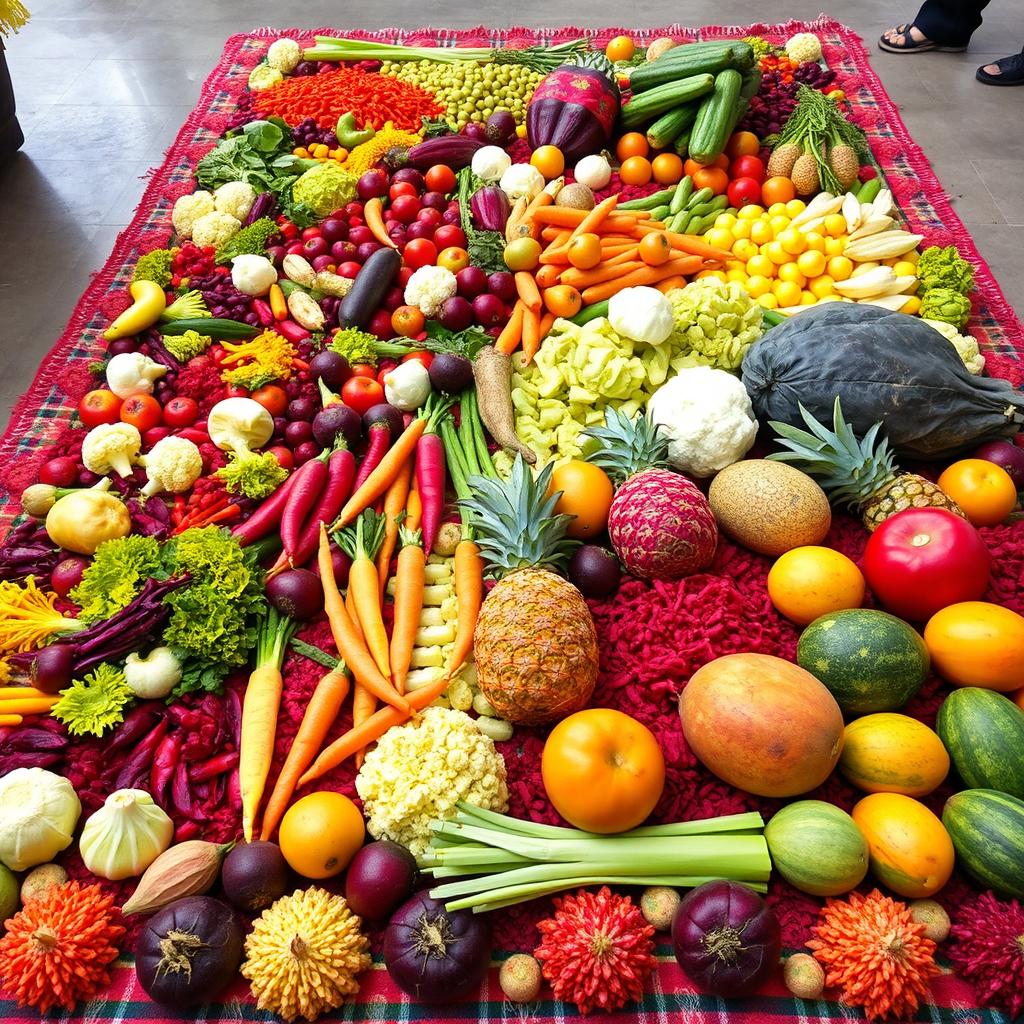 A vibrant and colorful Holy Week carpet from Guatemala, intricately designed with a variety of fresh vegetables and fruits