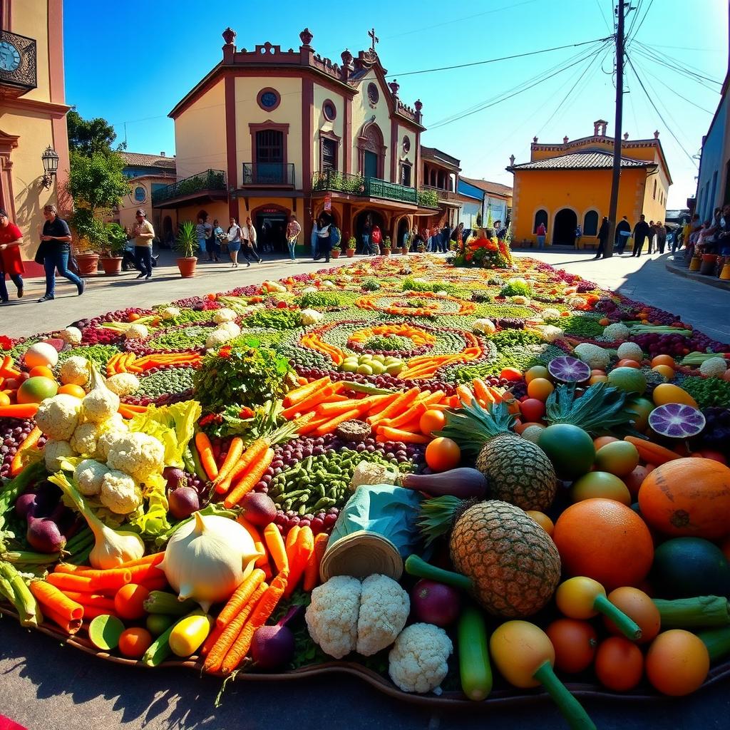 A vibrant and detailed Semana Santa carpet from Guatemala, crafted entirely from fresh vegetables and fruits