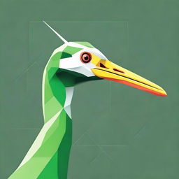 Create an intense side view of a green crane's head drawn using geometric shapes, portraying it as fierce and ready for a fight.