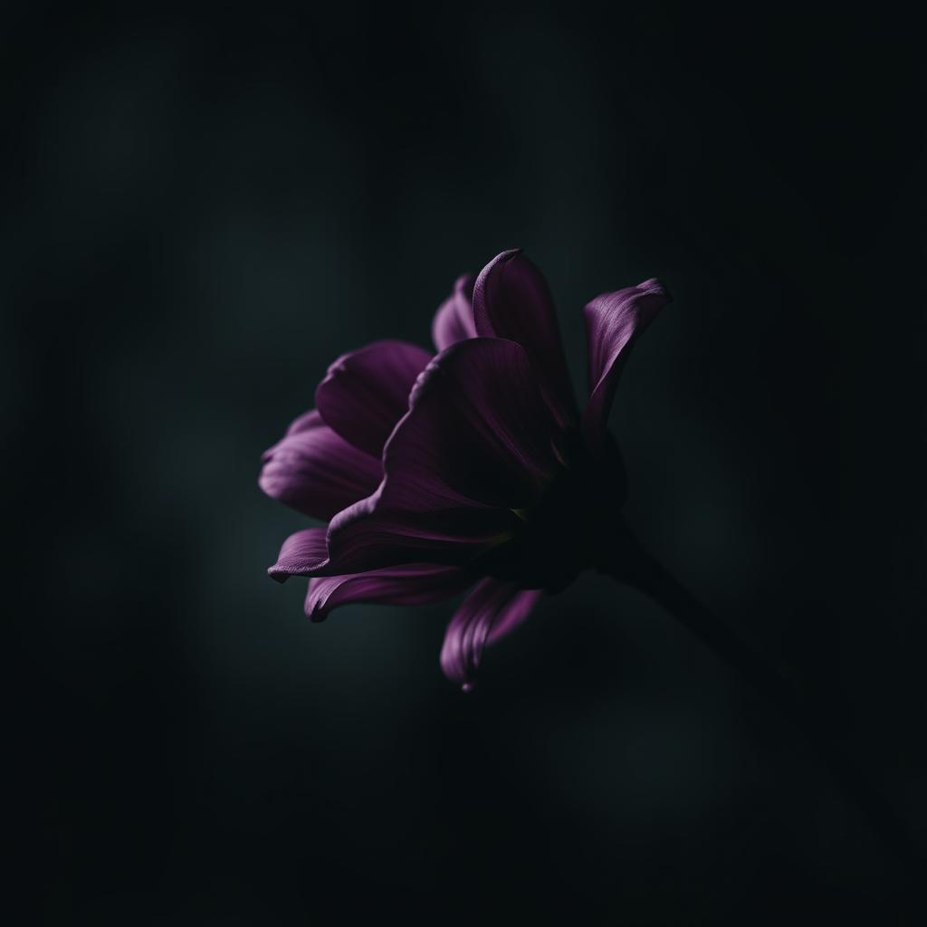 A dark and moody cover art featuring a tilted flower, with deep shadows and soft focus, emphasizing the beauty and melancholy of the flower
