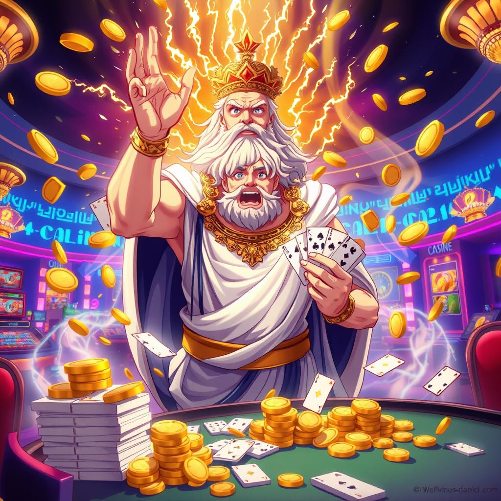 An enchanting anime-style illustration featuring a triumphant winner of a casino bet, with Zeus himself dealing the cards