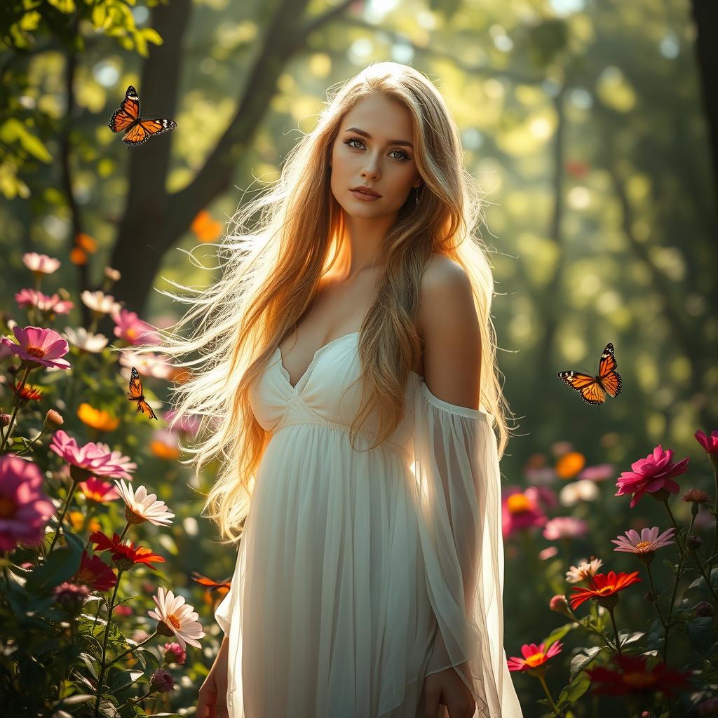 A stunningly beautiful and ethereal woman standing in a sunlit forest, surrounded by vibrant flowers and butterflies