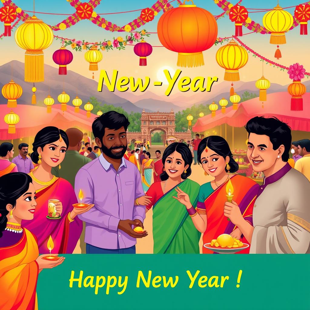 A joyful and vibrant illustration celebrating the Sinhala and Tamil New Year, depicting traditional decorations like colorful streamers, lanterns, and flowers