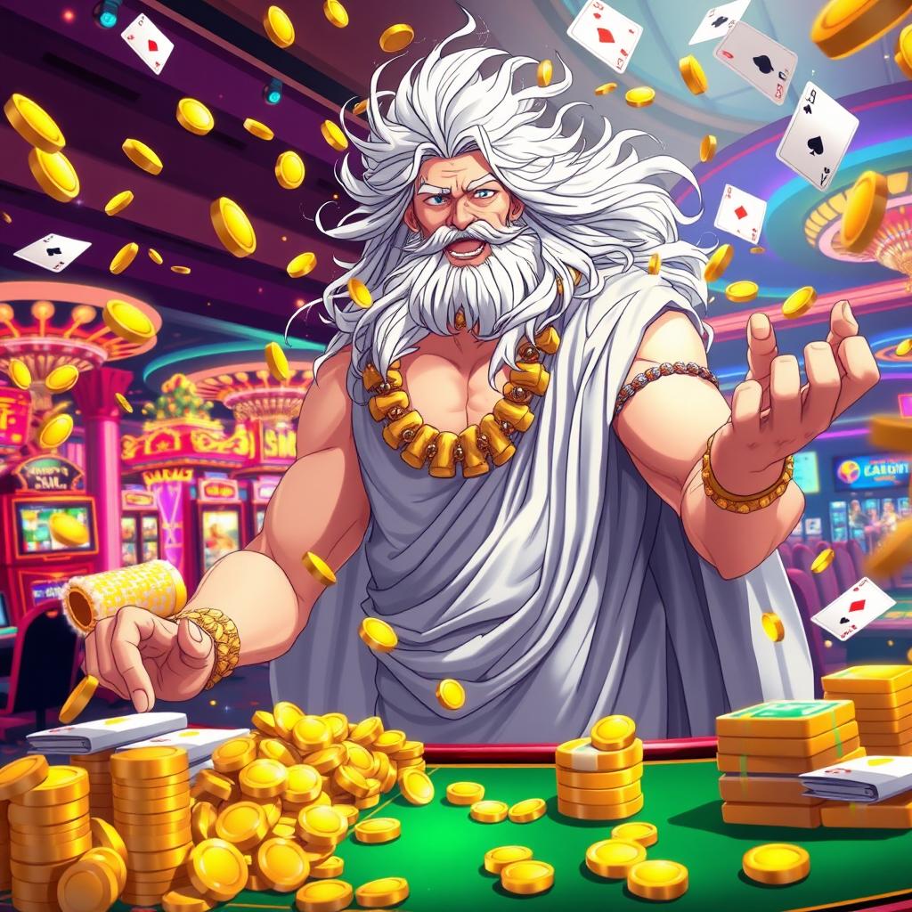 An exhilarating anime-style illustration featuring a victorious winner of a casino bet, with Zeus majestically dealing the cards