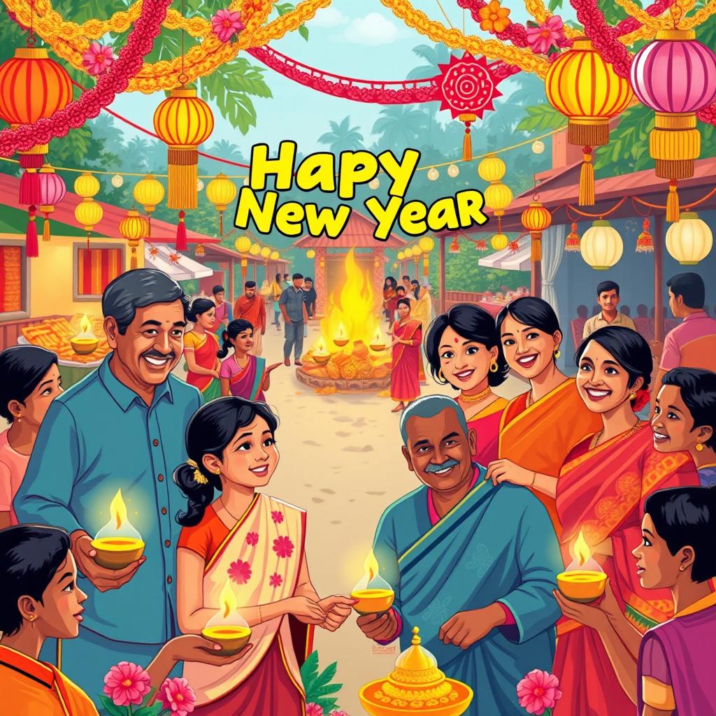 A joyful and vibrant illustration celebrating the Sinhala and Tamil New Year, featuring traditional decorations like colorful streamers, lanterns, and flowers