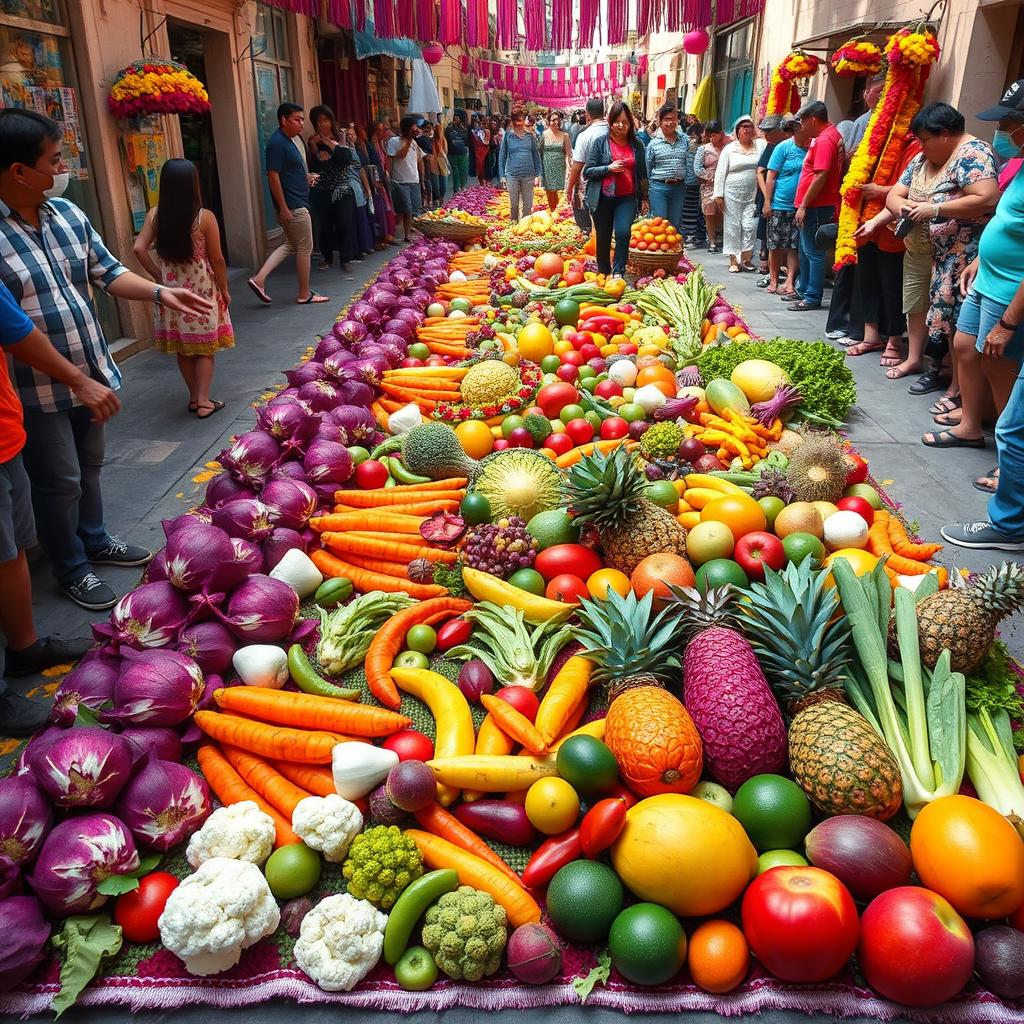 A vibrant and colorful Holy Week carpet from Guatemala, meticulously crafted with a variety of fruits and vegetables including cabbage, lettuce, cauliflower, beetroot, carrot, celery, watermelon, pineapple, melon, papaya, and mango